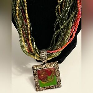 Beaded Multi-Strand Long Necklace with a Unique Red Green Pendant